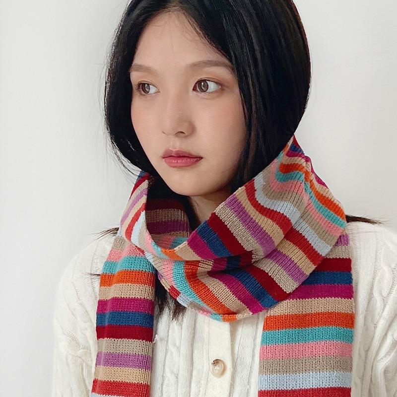 New High-end Scarf Women's Winter Wind Warm Knitted Scarf Colored Striped Knitted Scarf Scarf