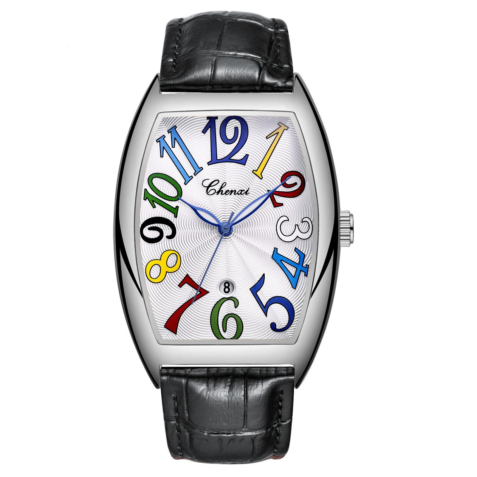 

Стильные мужские часы Tonneau с кожаным ремешком и кварцевыми наручными часами для мужчин серебро белый