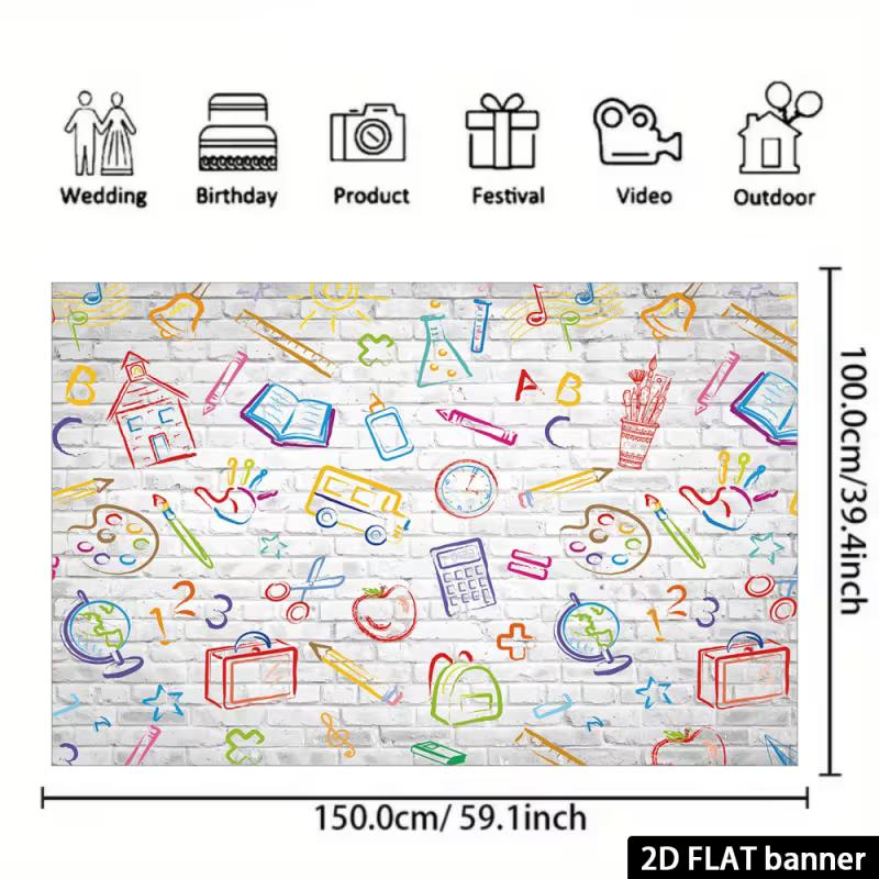 Playful School Supplies Tapestry, Colorful Hand-Drawn Doodles of Books, Pencils and Globes on a White Brick Wall, Cheerful Classroom Wall Art