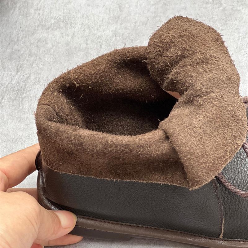 Women's Genuine Leather Ankle Boots Handmade Retro British Style Lace-Up Round Toe Flat Ankle Boots Luxury Women Short Boots