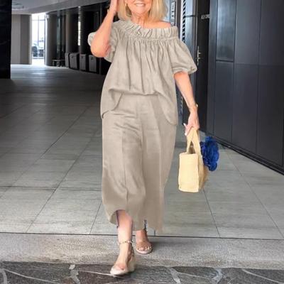 Dámske topy a nohavice, 2 ks, oblek, volánikové ramená, krátke rukávy, skladaná blúzka, široké nohavice, voľné, jednofarebné, skrátené nohavice, ležérne oblečenie na dovolenku