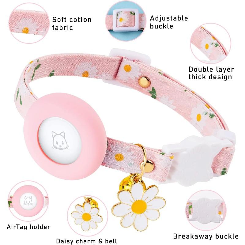 Airtag Case Cat Collar Kitten with Bells and Flower Charm Tracker Adjustable Collars for Kitties and Puppies Anti Lost Locator 3