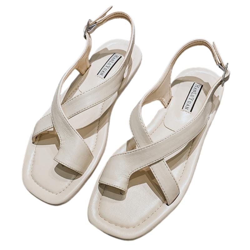 Fashion French Retro Women Flats Sandals Toe-Mounted Sandals Women Summer 2025 Fashion Low Heel Rome Shoes Comfy Walking Women Sandals