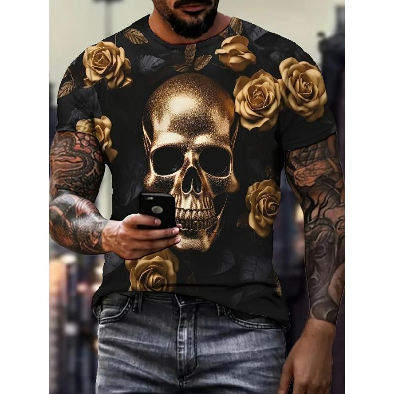 Men's T-shirt 3d Gold Skull Print Men's Tops Casual Short-sleeved Simple T-shirt Summer Round Neck T-shirt