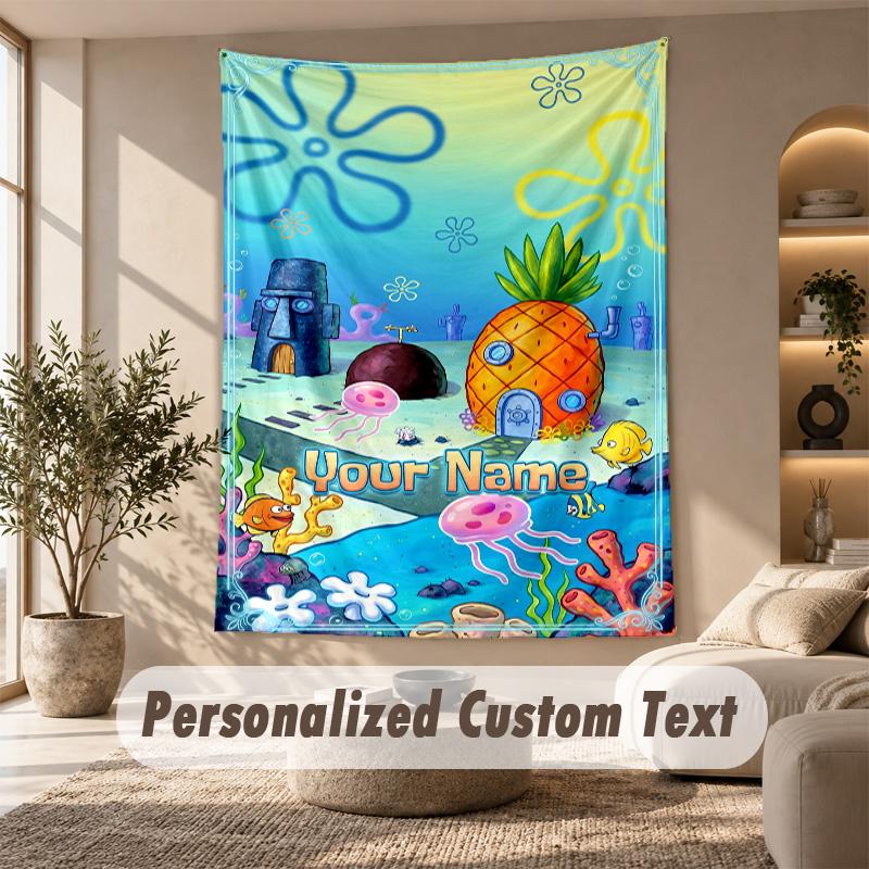 SpongeBob Tapestry, Personalized Custom Text, Wall Hanging Tapestry For Living Room Home Wall Decor