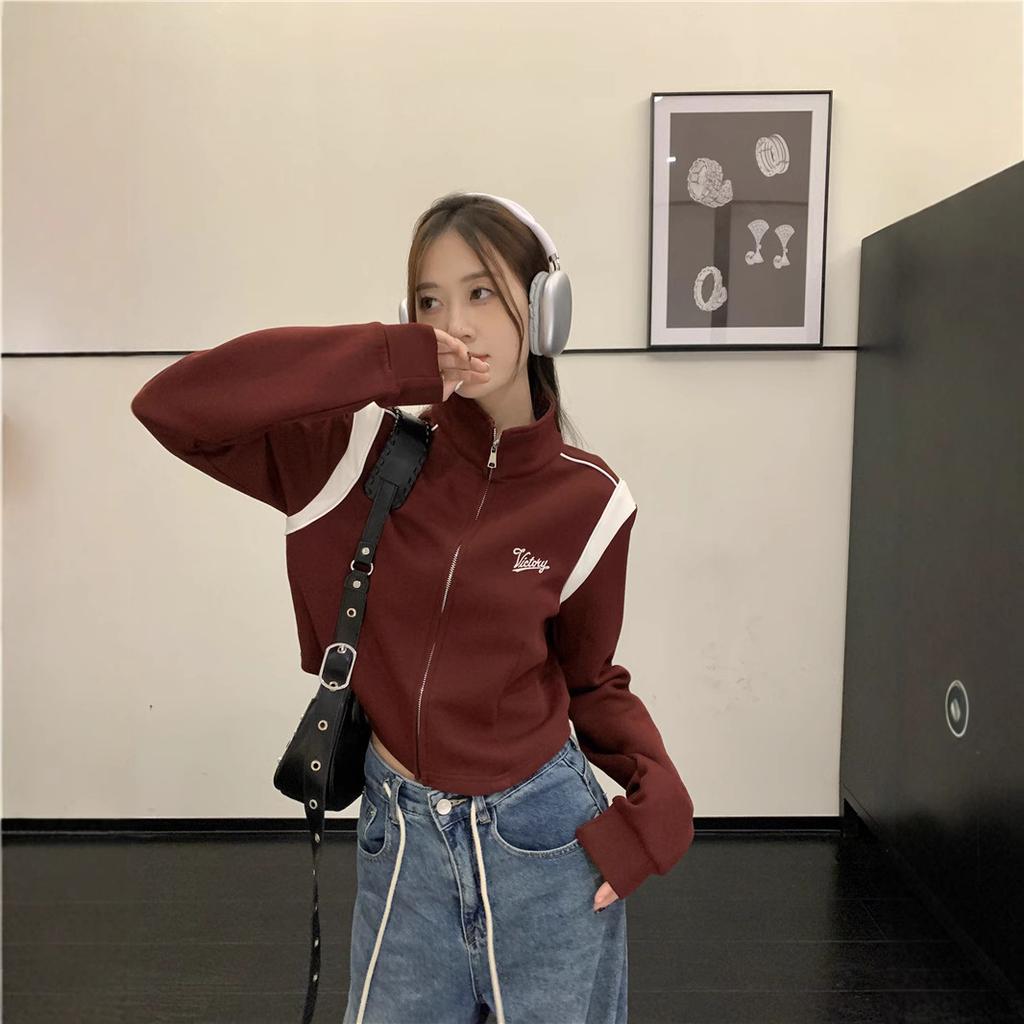 Women's Stand Collar Zip Up Jacket Cropped Long Sleeve Color Block Sweatshirt Outerwear