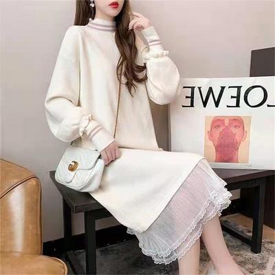 Pullover Woolen Dress Fake Two-piece Medium Length White Autumn/winter Student Half High Collar Sweater Dress Female