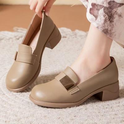 Damen Echtleder Blockabsatz Flache Nude Schuhe Weiche Sohle Runde Spitze Zum Hineinschlüpfen Frühling Herbst Neu Leichte Hohe Absätze Loafer