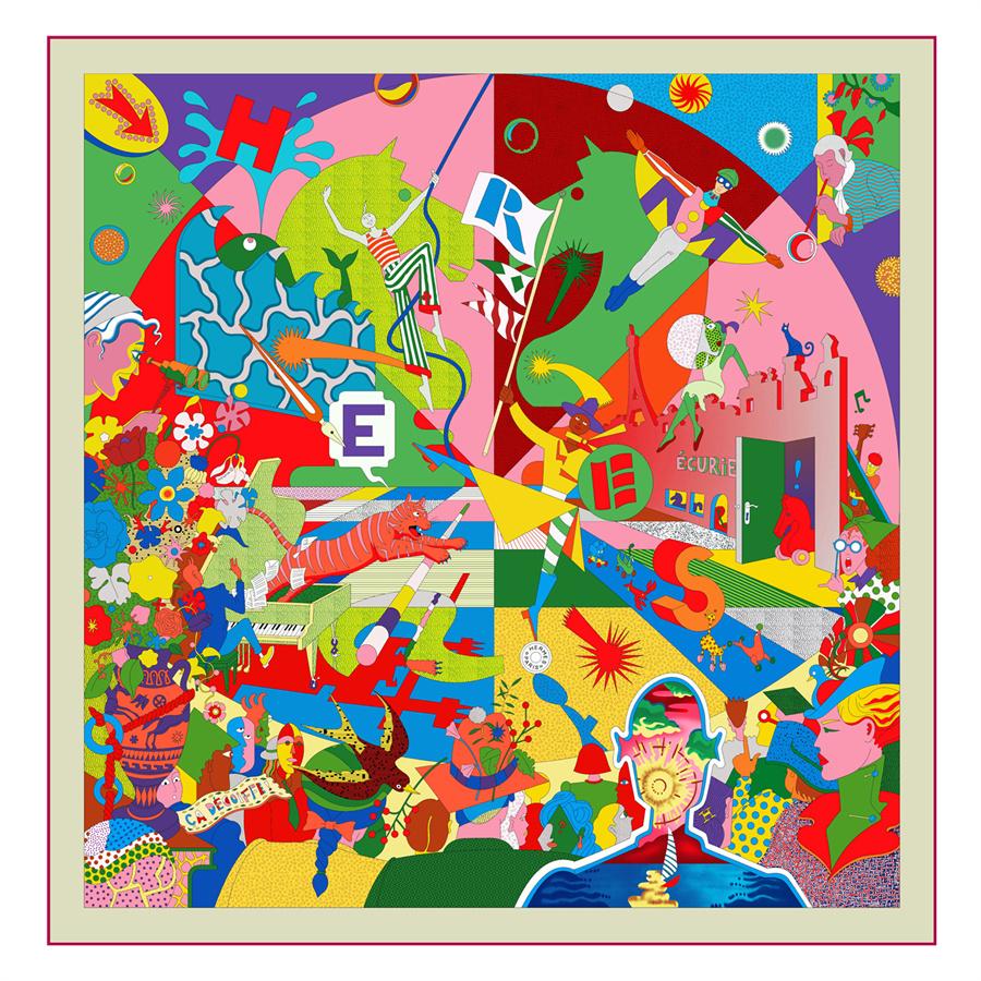 Silk Scarf Women Circus Troup Print Square Scarves Head Echarpes Silk Foulards Femme Wraps Beach Shawl Bandana Lady Hijabs 90CM