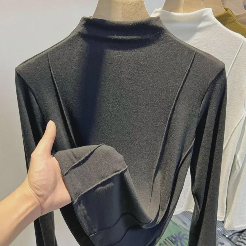 Women's 2024 Autumn/Winter Chic German Velvet Half Turtleneck Long-Sleeve T-Shirt