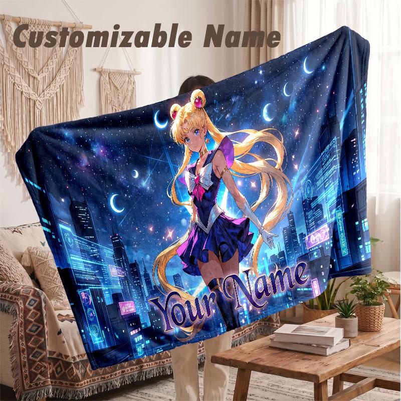 Custom Name Flannel Blanket,Sailor Moon Lightweight Warm Bed Blanket For Couch & Holiday Gift