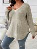 Women's V Neck Long Sleeve Knit Top Loose Fit Casual Solid Color Ribbed Plus Size Sweater Tunic