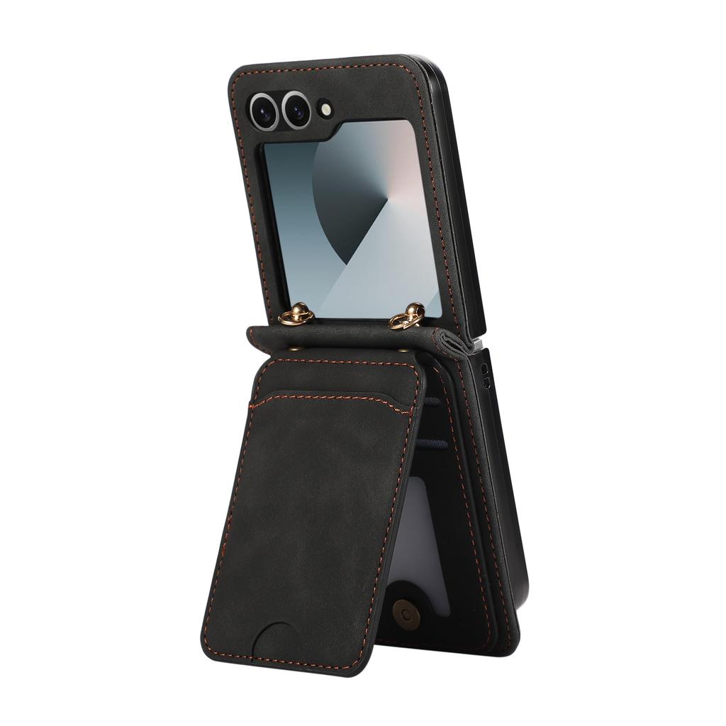 For Samsung Galaxy Z Flip7 FE 5G/Z Flip6 5G Case Card Holder Kickstand Leather + TPU Phone Cover with Shoulder Strap