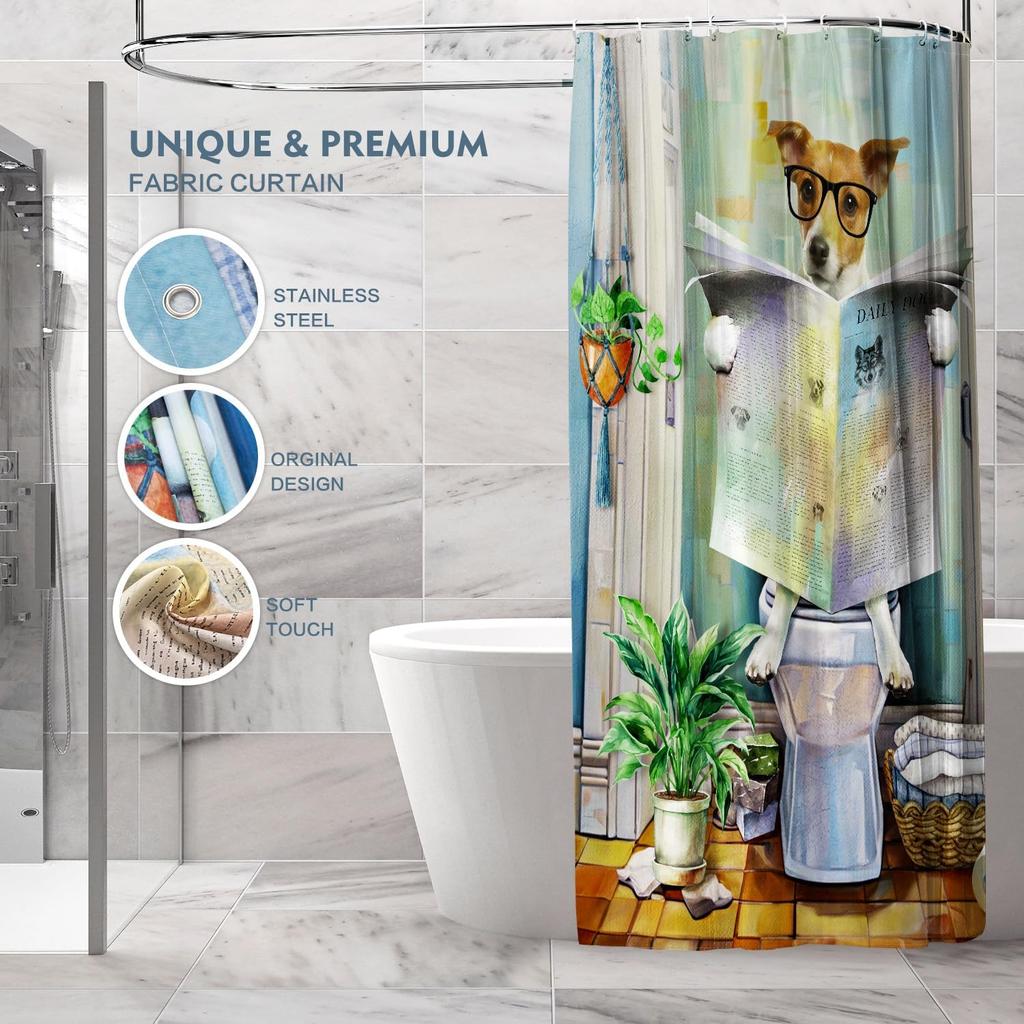 Funny Shower Curtains, Cool Dog Shower Curtain, Fun Pet Puppy Waterproof Shower Curtains with Hooks for Bathroom Decor, Dog