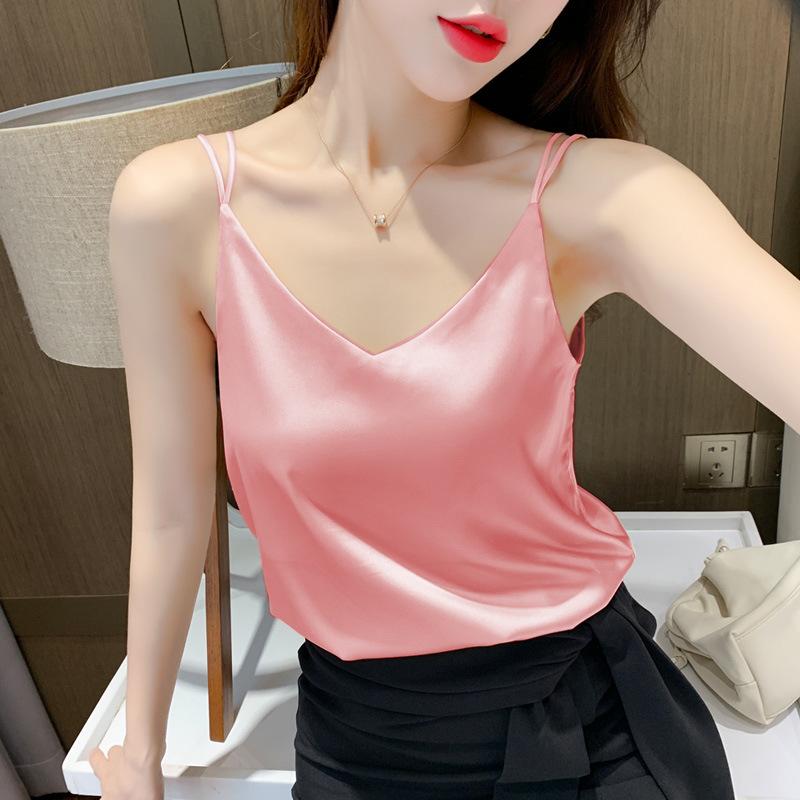 Women Satin Double Spaghetti Strap Cami Top V‑Neck Loose Plus Size Sleeveless Tank Top Silky Acetate Inner Camisole M‑4XL