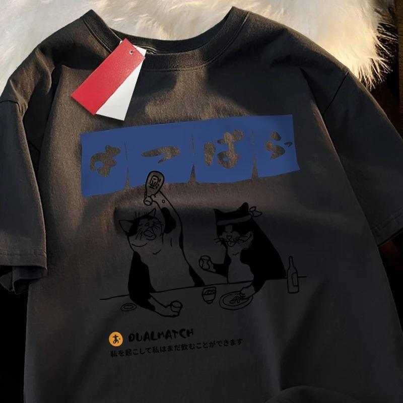 Harajuku Japanese Cat Drinking Top Women's Round Neck T-shirt Streetwear Summer Clothing Hip Hop Sports T-shirt Women's Clothing