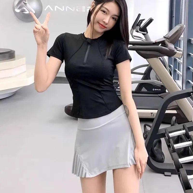 

Yoga Clothing Top Women s Summer Half Zipper Tight-Fitting Cinched Sports Short-Sleeved T-shirt Slim Looking Quick Dry Training Workout Clothes Black M