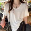White Short-sleeved T-shirt Women's V-neck Summer New Loose Bamboo Cotton Half-sleeved Cotton and Linen Top Clothes Ice Silk Thin Section
