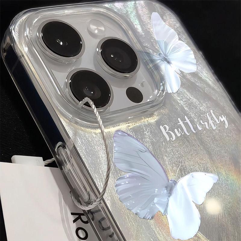 Korean Glittering Blue Butterfly Clear Soft Case for iPhone 15 14 Pro Max 13 12 Pro 11 x XR Xs Candy Cute Transparent Cover