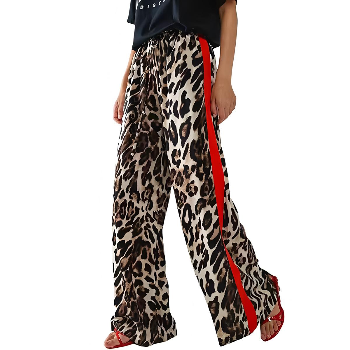 

2025 Summer New Arrival Women s Cheetah Print Patchwork Wide Leg Pants – Loose Fit Casual Athletic Palazzo Trousers, Influencer Style 2XL коричневий