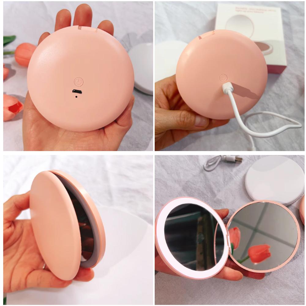 Pocket LED Makeup Mirror Round Portable Folding Small with Light Travel Handheld Cosmetic Compact 2X Magnifying Lighted Mirror