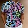 Women Short Sleeve Polo Shirt Pink White Black Camouflage Print Half Zip Lapel Top