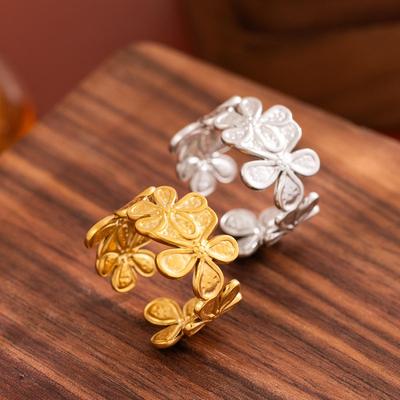 Chrysanthemum Flower Band: Stainless Steel, Colorfast Open Ring for Women, 18K Titanium Electroplated Finish