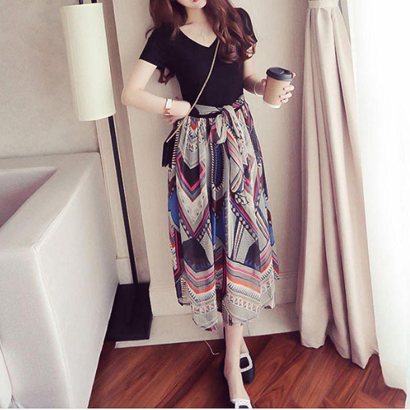 Newest Style Fashion Women Plus Size Chiffon V Neck Maxi Dresses Ladies Fake Two Piece Floral Long
