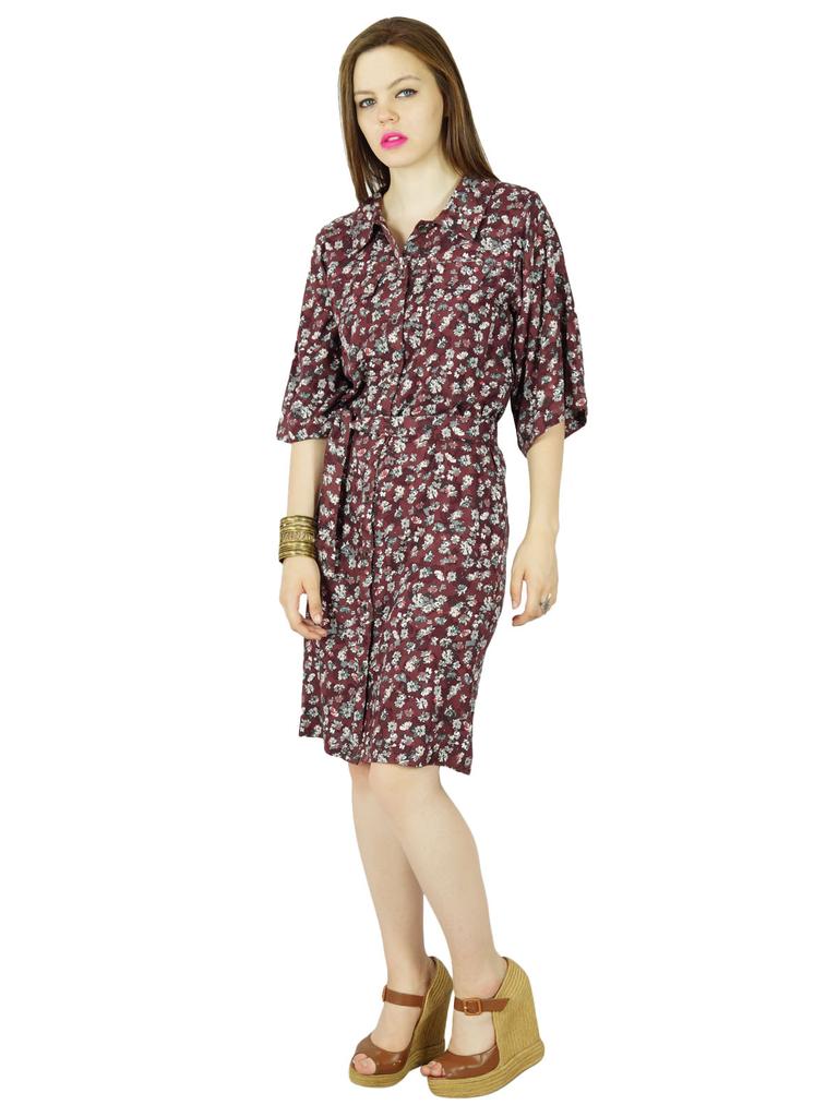 Bimba Women Knee LengthBrown Rayon Safari Dress 3 4 Sleeve Button Down