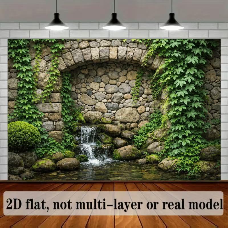 Arazzo da Parete Cascata Specchio Muro di Pietra ad Arco 2D con Edera