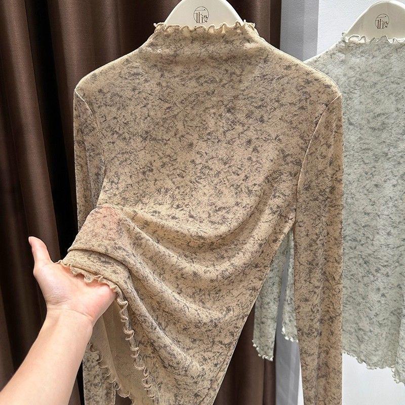 Women's Ruffled Mock Neck Long Sleeve Blouse Soft Stretch Velvet Casual Slim Fit Top