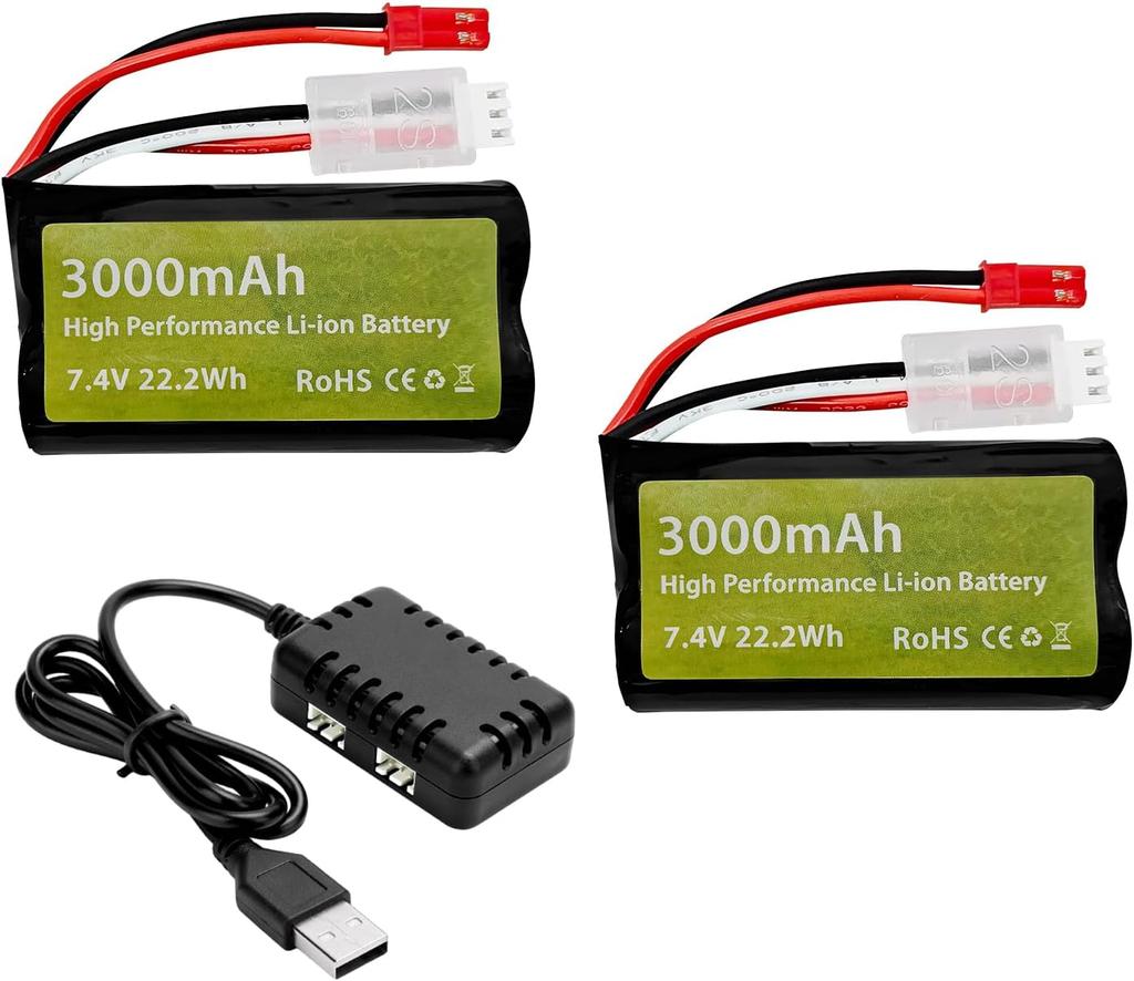 2x 7.4V 3000mAh 15C 2S Li-ion Battery with JST-2P Plug and 2-in-1 Charger – for UDIRC UD1601 UD1602 SG1603 RC Car 1/10 1/12 1/16 Scale Truck