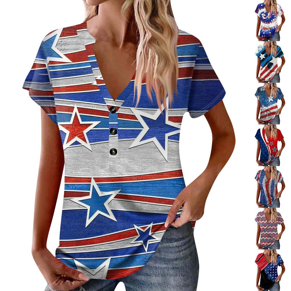 Women's New Button V Neck Fashion Print Short Sleeve Vintage Print T-Shirt Tops Casual Tops Loose T-Shirt Pullover Casual Loose Print Tops