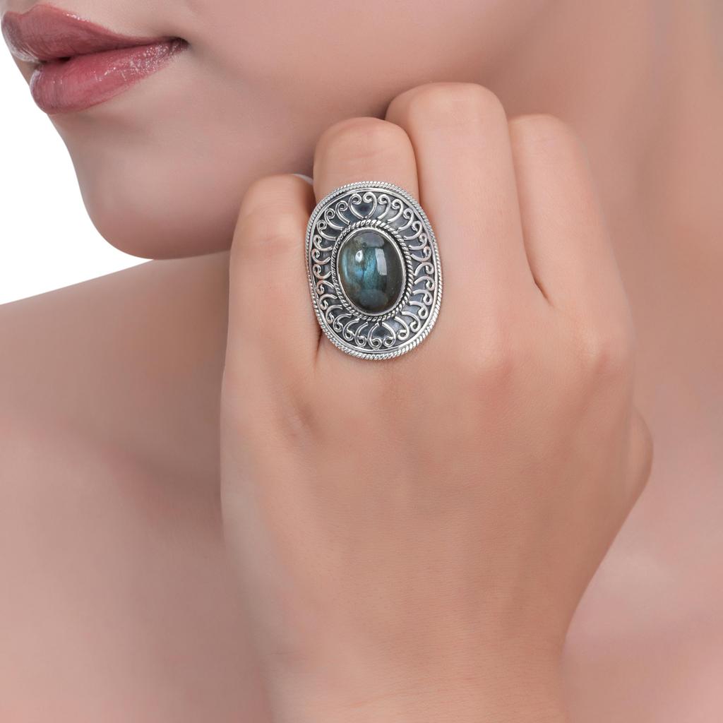Real 925 Sterling Silver Natural Labradorite Statement Ring – Large Oval Handmade Vintage Boho Ring for Women