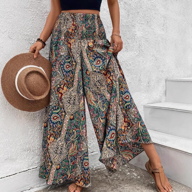 2025 Bohemian Wide-Leg Pants: Retro Colorful Print, Casual High-Waisted Loose Fit
