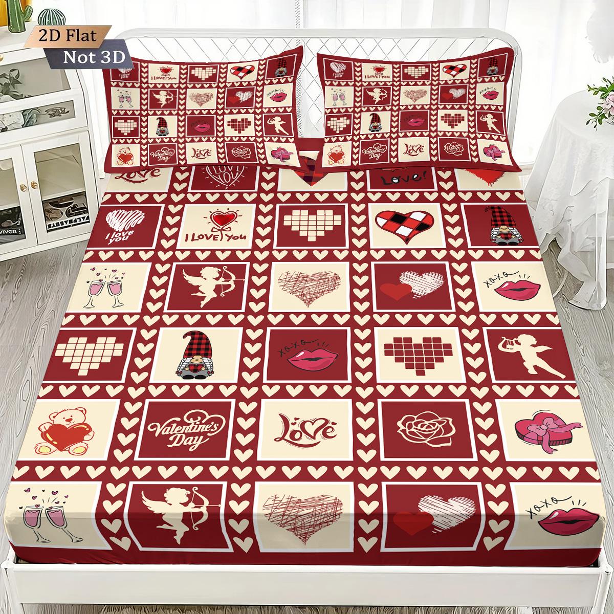 

3Pcs Valentine S Day Splicing Love Printed Bed Sheet Set Multi Size Soft Bed Cover Bedroom Bedding Decoration Machine Washable 90x191cm