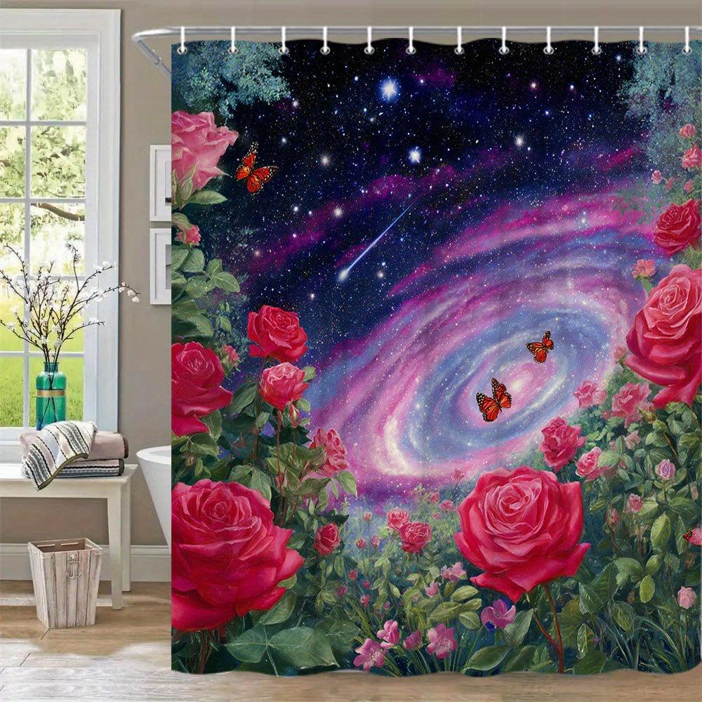 Galaxy Roses Waterproof Mildew-Resistant Shower Curtain - Cosmic Floral Design for a Dreamy Bathroom Décor Experience