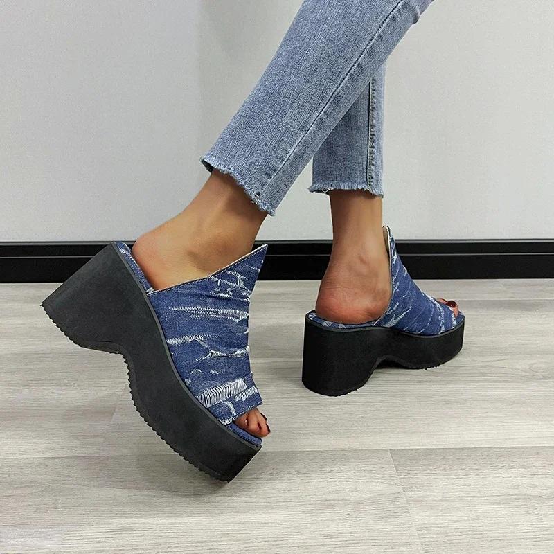 Women Fashion Denim Blue Wedges Sandals Summer Chunky Platform Heeled Sandals Woman Thick Soled Beach Shoes Plus Size 43