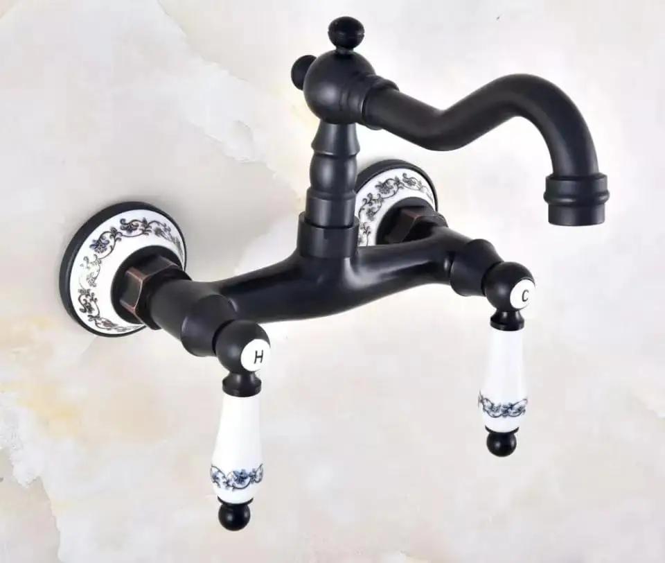 

KEMAIDI Wall Mounted Bathroom Sink Faucet Dual Handle Antique Brass Hot and Cold Water Tap with 360 Swivel Long Spout Faucets чёрный