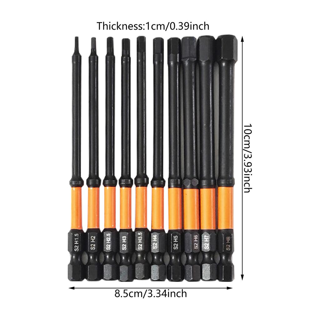10Pcs Impact Hex Head Allen Wrenches Drill Bit Set 100mm H1.5-H8 Hex Shank Steel Hex Screwdriver Bit for Assembling