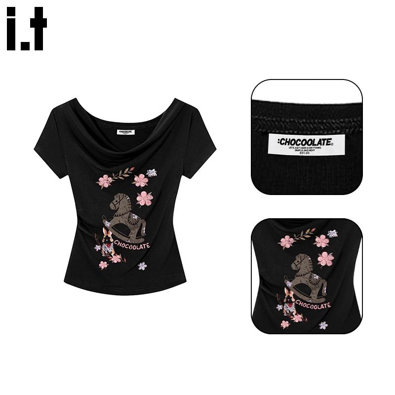 :CHOCOOLATE Draped Neck Slim Fit Short Sleeve T-Shirt