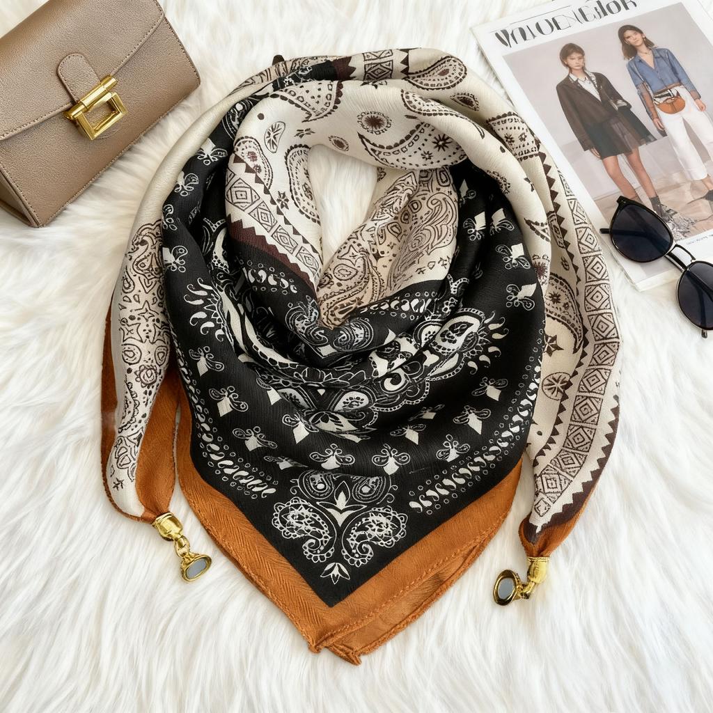 Magnetic buckle cotton and linen small square scarf silk scarf women's spring and autumn versatile neck protection scarf triangular scarf new warm sca