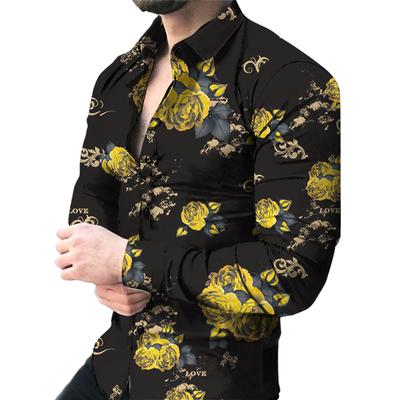 New Men's 3D Rose Print Casual Long Sleeve Fashion Shirt