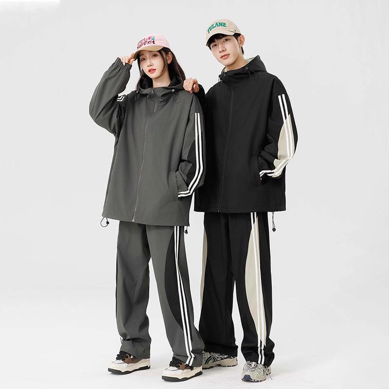 Men's Autumn Color Block Striped Windbreaker & Waterproof Hiking Pants Set