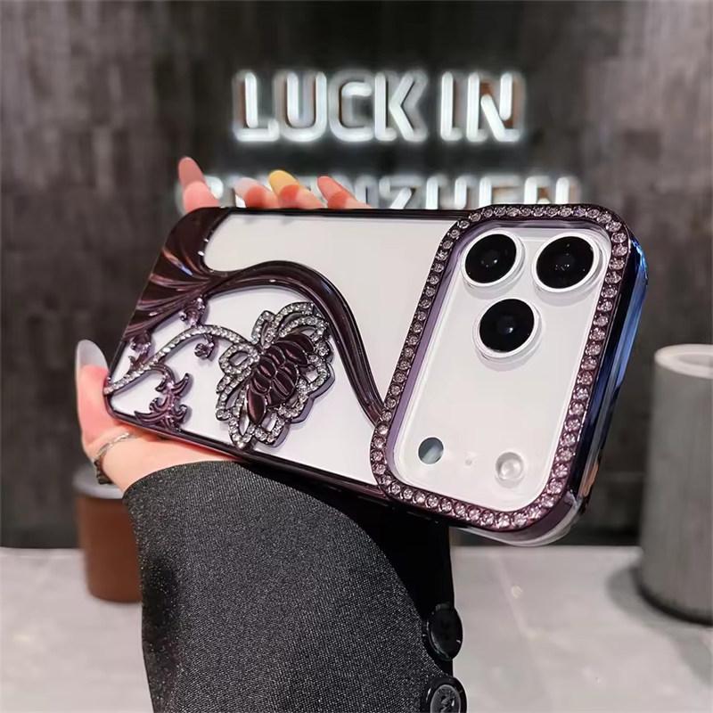 Glitter Rhinestone Flowers Transparent Phone Case For iPhone 17 Air 16 15 14 13 12 11 Pro Max Plus Plated Armor Frame Back Cover