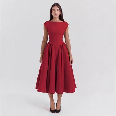 2024 Autumn/Winter European & American Style Women's Sexy Backless Waist-Cinching Solid Color Dress