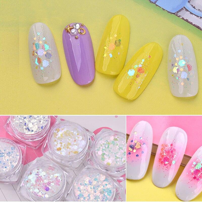 1 krabička Ultratenké šestiúhelníkové nail art flitry Vločky Plátky Mořská panna Aurora Gradient Barevné ozdoby na nehty