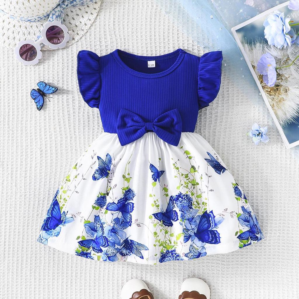 Infant Toddler Girl Floral Butterfly Dress, Ruffle Sleeve Bow Accent Dress, Casual Summer Outfit 6-36M