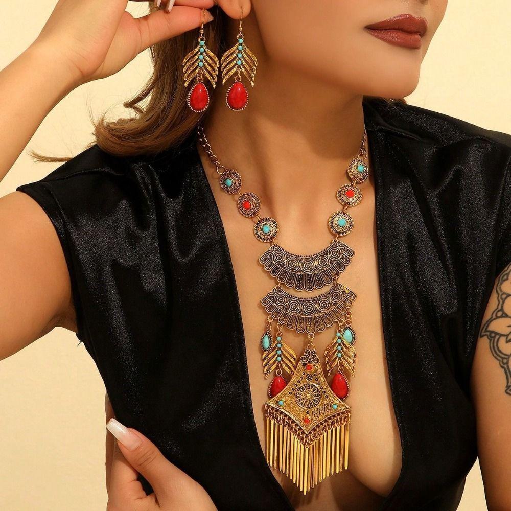 Exaggerated Long Tassels Necklace Earrings Imitation Turquoise Neck Jewelry  Women
