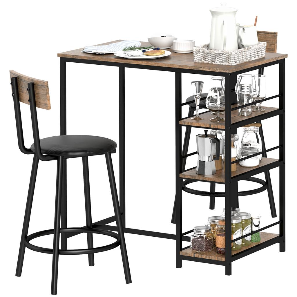 3-Piece Dining Set with Bar Table and 2 Chairs, Small Kitchen Set with Side Shelves, MDF, Metal, Black